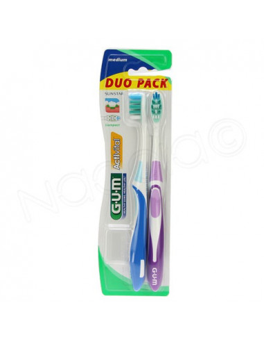 Gum Activital Duo Pack Sunstar medium brosse à dents x2 + 1 protection Bleu et Violet