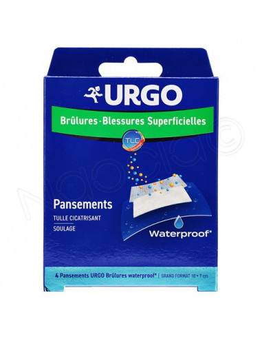 Urgo Pansements Brûlures - Blessures Superficielles Stériles Waterproof Boite 4 pansements grand format