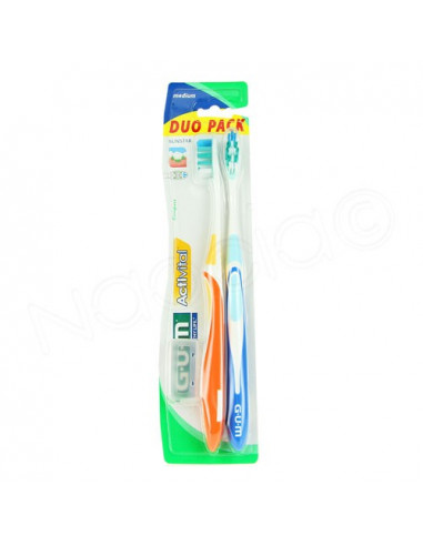 Gum Activital Duo Pack Sunstar medium brosse à dents x2 + 1 protection Orange et Bleu