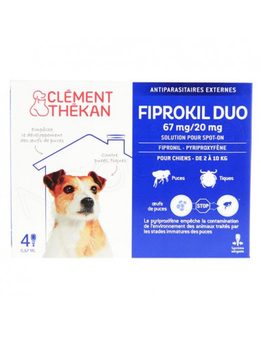 Clément Thékan Fiprokil Duo Spot on Antiparasitaires Chat et chien. Pipettes Chien 2-10kg 4 pipettes 0.67ml
