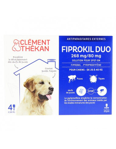 Clément Thékan Fiprokil Duo Spot on Antiparasitaires Chat et chien. Pipettes Chien 20-40kg 4 pipettes 2.68ml