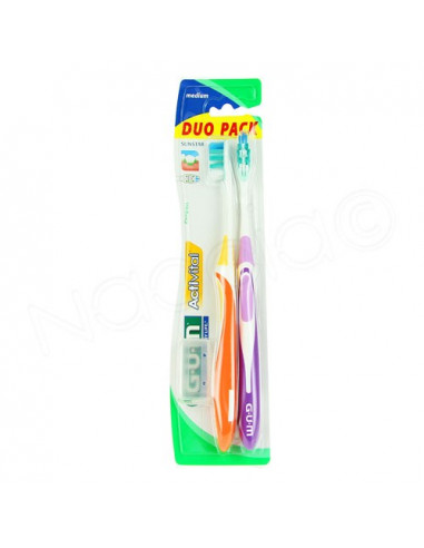 Gum Activital Duo Pack Sunstar medium brosse à dents x2 + 1 protection Orange et Violet