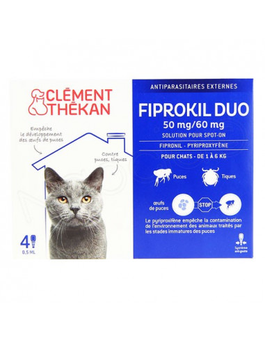Clément Thékan Fiprokil Duo Spot on Antiparasitaires Chat et chien. Pipettes Chat 1-6kg 4 pipettes 0.5ml