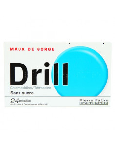 Drill Pastilles Maux de Gorge Chlorhexidine/Tétracaïne Sans Sucre. 24 pastilles