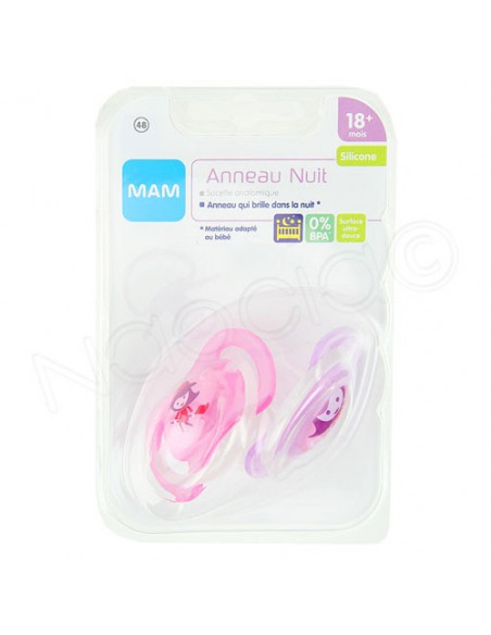 MAM Nuit 2 Sucettes Anatomiques Phosphorescentes Silicone 18 Mois + -  Couleur : Bleu Foncé Raton + Blanc Nuit