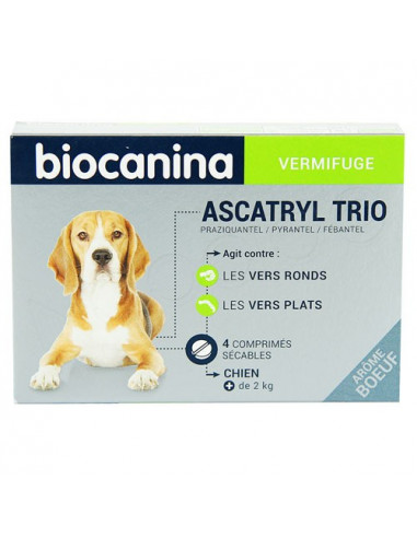 Biocanina Ascatryl trio Vermifuge pour chien. Boite de 4 comprimés