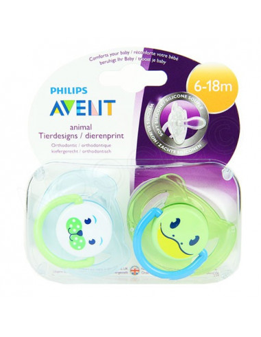 Avent Sucette Orthodontique Animaux Silicone Souple 6-18 mois. x2