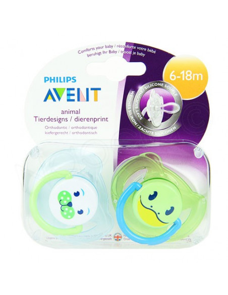 Avent Sucette Orthodontique Animaux Silicone Souple 6-18 mois. x2