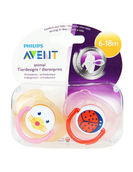 Avent Sucette Orthodontique Animaux Silicone Souple 6-18 mois x2