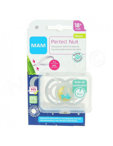 MAM Perfect Nuit Sucette 18m+ Silicone Dento-Flex Boite x1 sucette plate -  Archange-pharma