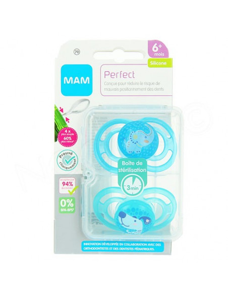 MAM Perfect Sucette Plus6 mois Silicone Dento-Flex Boite x2