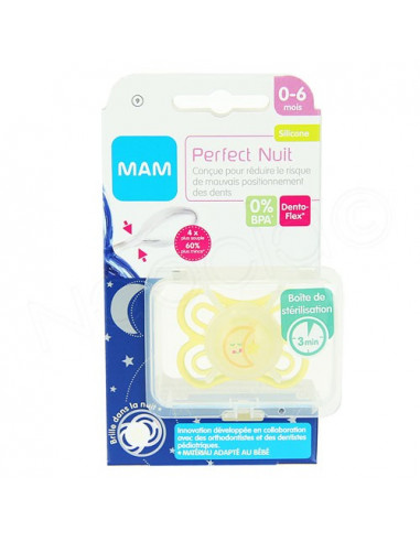 MAM Perfect Nuit Sucette 0-6 mois Silicone Dento-Flex Boite x1 sucette  plate - Archange-pharma