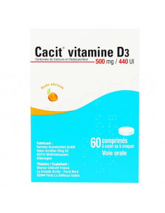 Cacit vitamine D3 500mg/440 UI. Boite de 60 comprimés à sucer ou croquer