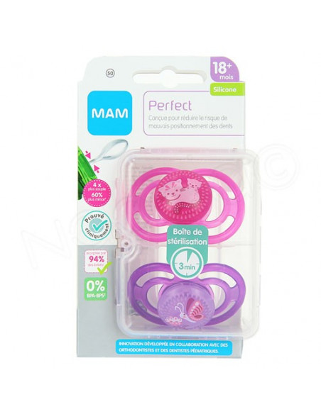 MAM Perfect Sucette 18m+ Silicone Dento-Flex Boite x2 sucettes