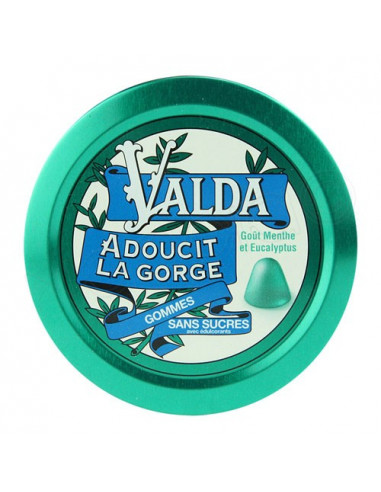 Valda Gommes sans sucres pour la Gorge Goût Menthe Eucalyptus. Boite 50g