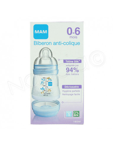 MAM Biberon anti-colique tétine débit 1 Sans BPA 0-6 mois 160ml bleu