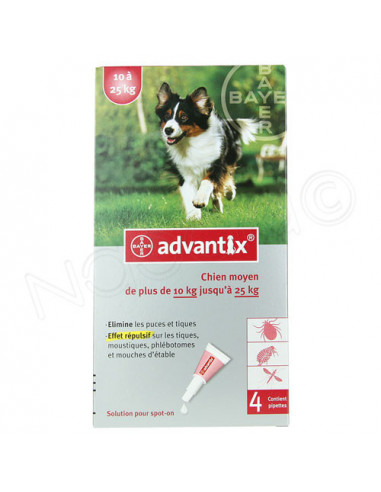 Advantix Solution spot-on Chien moyen 10 à 25 kg Pipettes de 25ml 4 pipettes Bayer - 1