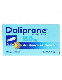 Boite bleue de Doliprane paracétamol 150mg 10 suppositoire.