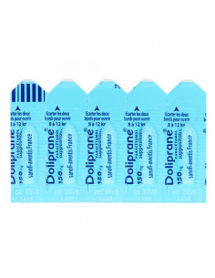Boite bleue de Doliprane paracétamol 150mg 10 suppositoire. 2