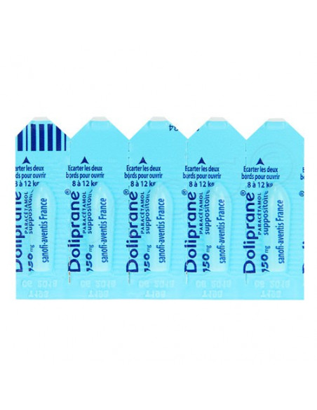 Blister bleu de Doliprane paracétamol 150mg suppositoire.