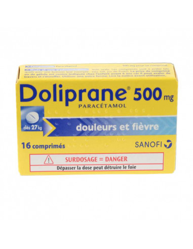 Boîte de Doliprane Paracétamol 500mg Jaune et bleu