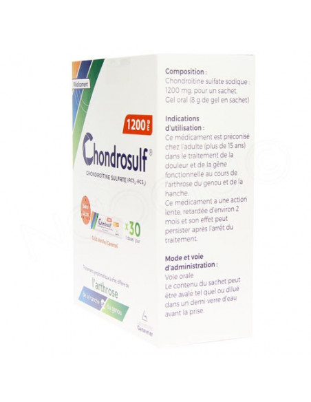Chondrosulf 1200 mg Sans Sucre gel oral. 30 sachets, boite vue de 3/4