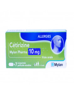Cétirizine 10 mg, Mylan, Rhinite, Conjonctivite, Urticaire, 7 comprimés