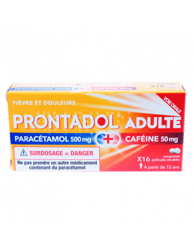 Prontadol Adulte, Paracétamol et Caféine, fièvre et douleurs, 16 comprimés sécables