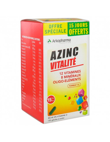 Azinc Forme et Vitalité 12 Vitamines 8 Minéraux Oligo-éléments Boite 150 gélules dont 15 jours offerts