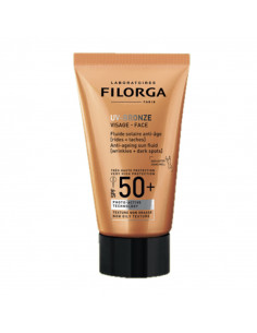Filorga UV Bronze fluide crème solaire visage SPF50 anti-rides anti-taches tube orange doré et noir