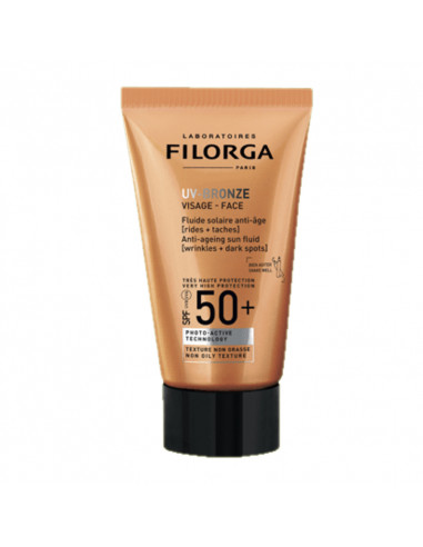 Filorga UV Bronze fluide crème solaire visage SPF50 anti-rides anti-taches tube orange doré et noir