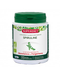 Superdiet Spiruline grand format 120 gélules comprimés boite blanche verte rouge