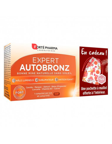 Forté Pharma Expert Autobronz. Offre spéciale 45 comprimés + 1 pochette à maillot OFFERTE