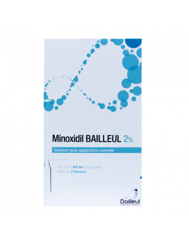 Minoxidil 2% Bailleul, chute cheveux HOMMES ET FEMMES, application cutanée, 3 flacons de 60 mL