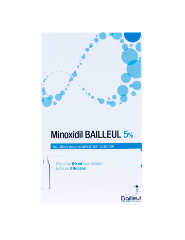 Minoxidil 5% Bailleul, chute cheveux HOMMES, application cutanée, 3 flacons de 60 mL