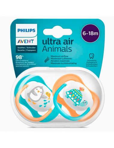 Avent Ultra Air Animals Sucette ultra-aérée orthodontique 6-18 mois x2 pingouin et tortue