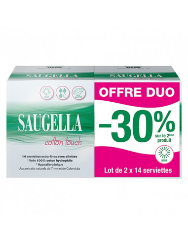 Saugella Cotton Touch jour offre duo lot de 2 boites de 14 serviettes