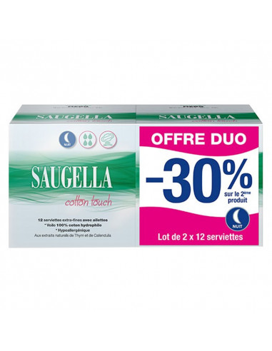 Saugella Cotton Touch nuit offre duo lot de 2 boites de 12 serviettes