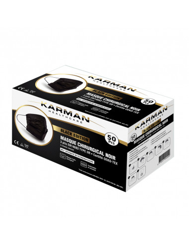 Masques Chirurgicaux Noirs Karman Type IIR Boîte de 50 - Avis et achat sur  Archange-pharma