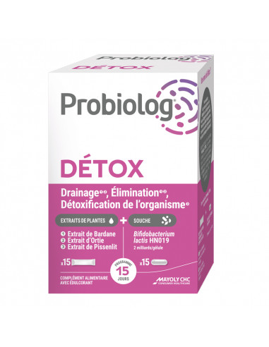 Probiolog Detox. 15 gélules + 15 sticks boite banche rose violet
