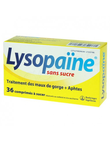 Lysopaïne sans sucre Maux de gorge et Aphtes. 36 comprimés à sucer