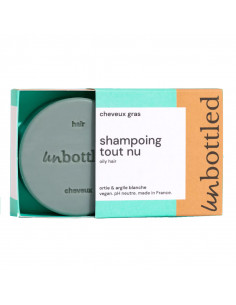 Unbottled Shampooing Solide Tout Nu Cheveux gras pellicules. 75g pain bleu vert gris boite carton verte