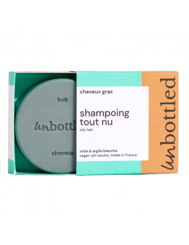 Unbottled Shampooing Solide Tout Nu Cheveux gras pellicules. 75g pain bleu vert gris boite carton verte