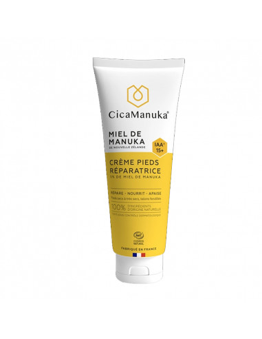 CicaManuka Crème pieds réparatrice. 75ml tube jaune et blanc