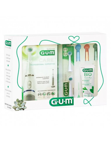 Gum PowerCare Coffret Brosse à Dents électrique + tetes de brosse à dents + dentifrice Bio Fresh Mint + 3 protections de tête