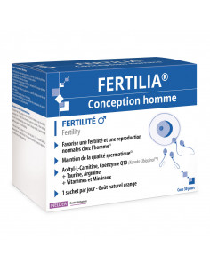 Fertilia Conception Homme Fertilité. 30 sachets gout orange boite bleu et blanc