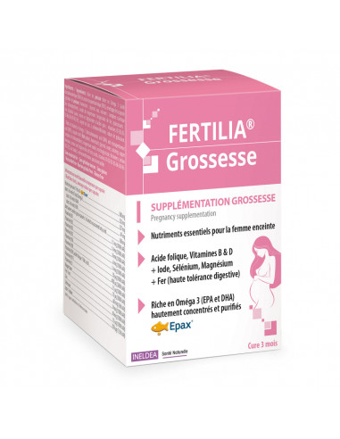 Fertilia Grossesse Supplémentation Femme Enceinte. 90 capsules boite rose blanche