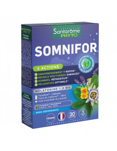 Santarome Somnifor 4 Actions. 30 comprimés boite bleu vert