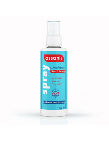 Assanis Spray Désinfectant Objets & Surfaces. 100ml flacon bleu blanc et rouge