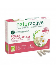 Naturactive Règles Douloureuses Confort Menstruel Bio. 30 gélules boite rose blanche vert fleur camomille